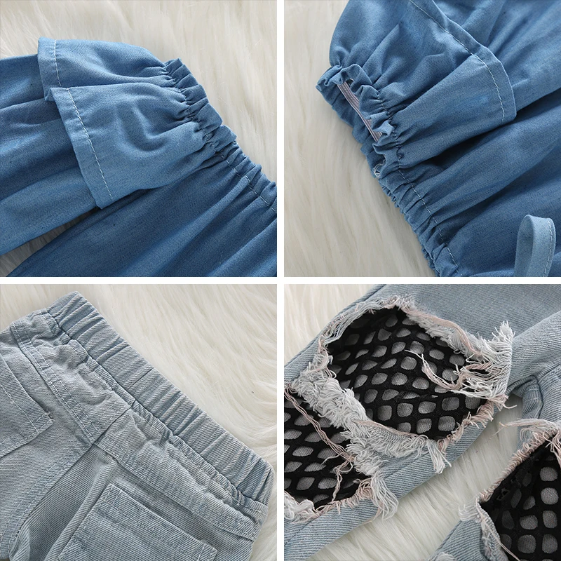 

2021 New Summer Fashion Baby Girls Clothes Sets Tops and Ripped Denim Pants 2Pcs Suit Girl Set Kids Clothes Children Clothing