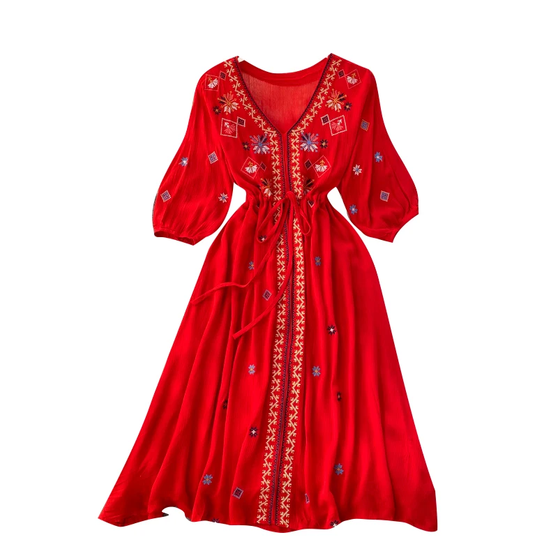 

New Summer Women V-Neck Three Quarter Sleeve Drawstring Slim Dress Bohemian Vintage Ethnic Style Embroidery Vacation Dress