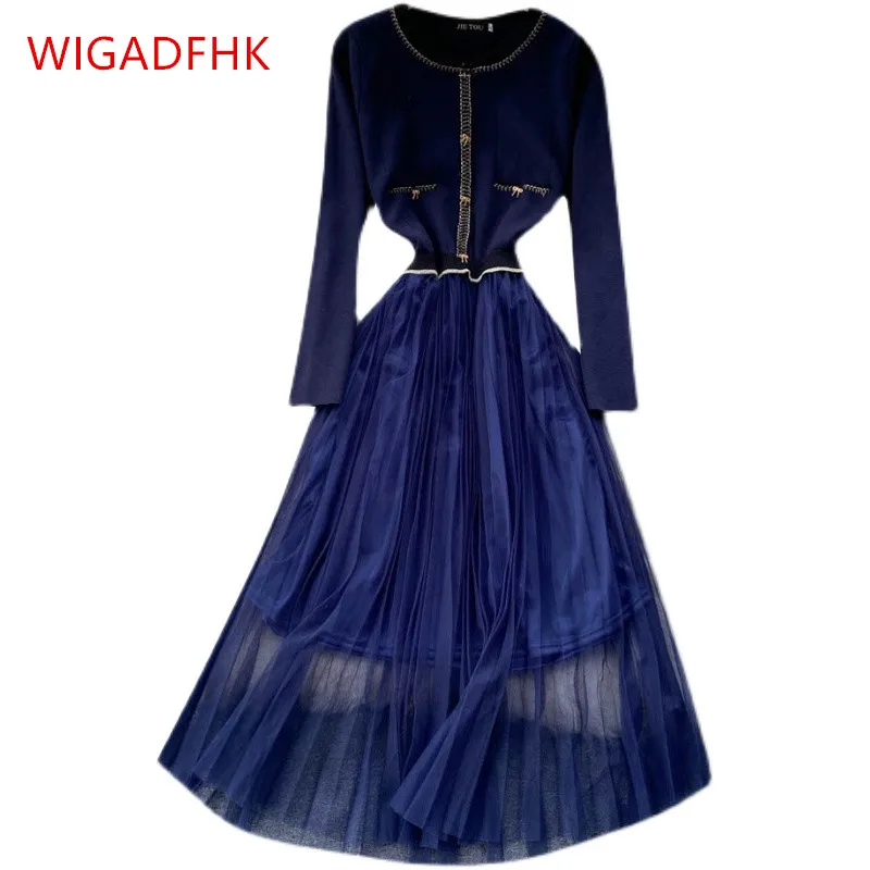 

Autumn Women's Fake Two-piece Knitted Dress Elegant And Fashionable Slim Long-sleeved Mesh Stitching Mid-length Dress