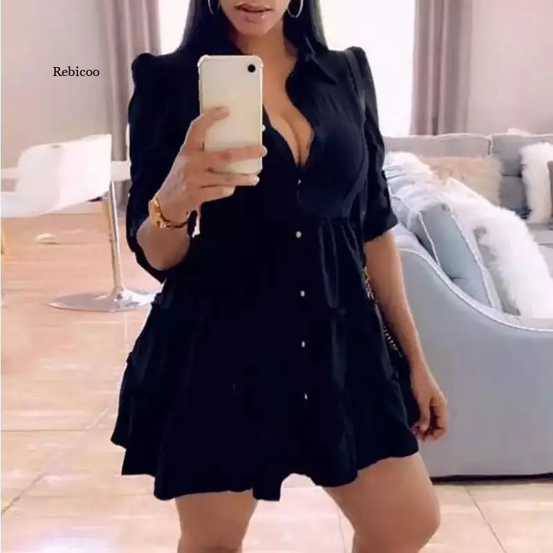 

Solid Ruffles Shirt Dress Women Streetwear Half Sleeve Buttons Up High Waist Mini Dress Summer Casual Party Dresses Plus