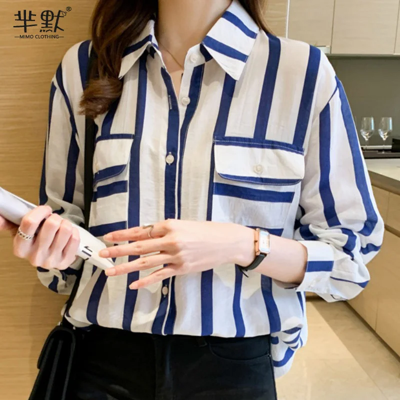 

French Style Hong Kong Style Stripes Shirt for Women 2021 Early Autumn New Loose Korean Style Western Style Polo