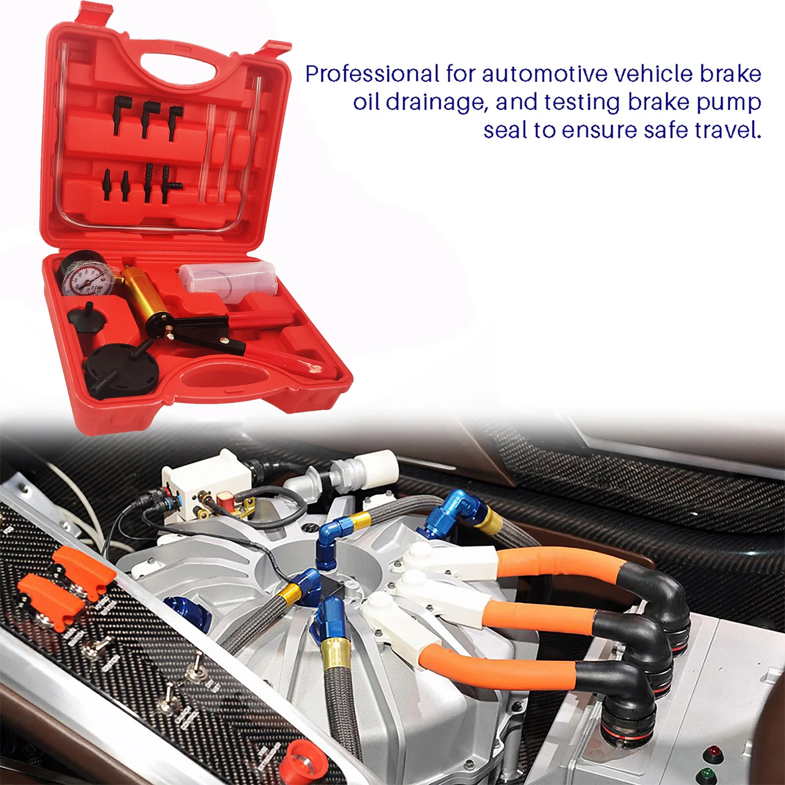 Набор для автомобилей с ручным тестером и многофункциональным насосом для вакуумной помпы с адаптером для воздухоотводного штуцера в переносном чехле.