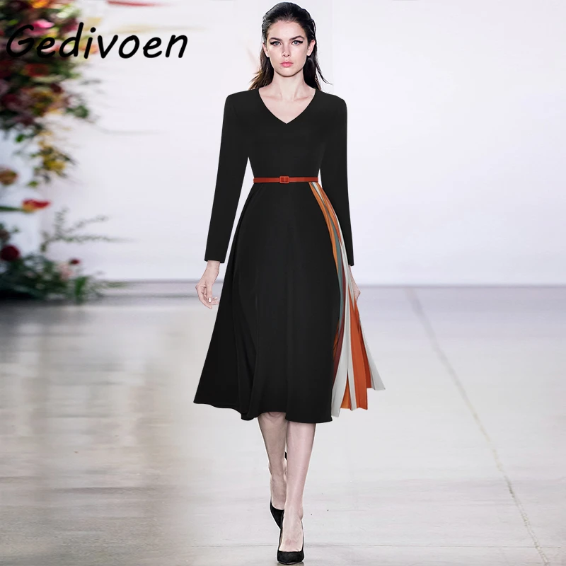 

Gedivoen Runway Designer Autumn Fashion Full Sleeve Midi Dress Women's V-Neck Sashes Patchwork Draped Mid-Calf Dresses XXL