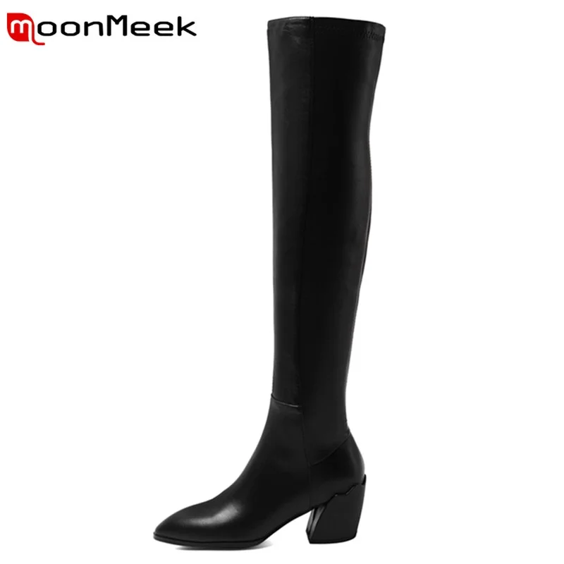 

MoonMeek 2021 New Over The Knee Boots Black Zipper Hot Sale Comfortable Pointed Toe Square Heels Women Shoes Sexy Cowhide