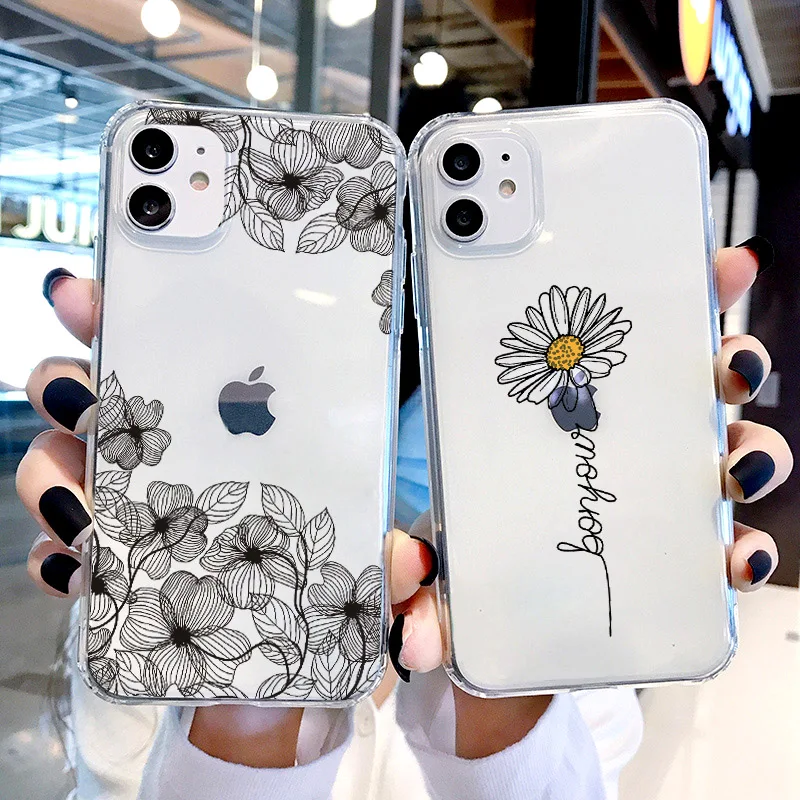 

Sunflower Flowers Black Lines Phone Case For iPhone SE2020 11Pro 7 X 8 6S Plus XS MAX XR Cases Designs Clear Silicone Soft Funda