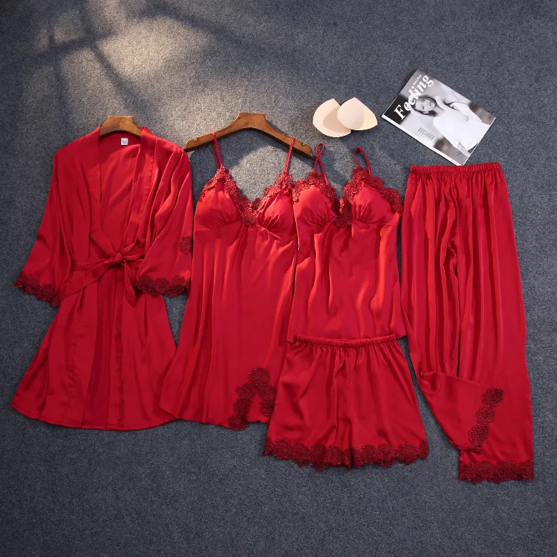 Summer New 5 Pcs Suit Women Pajamas With Chest Pad Lace Sexy Pijama Soft Touch Sleepwear