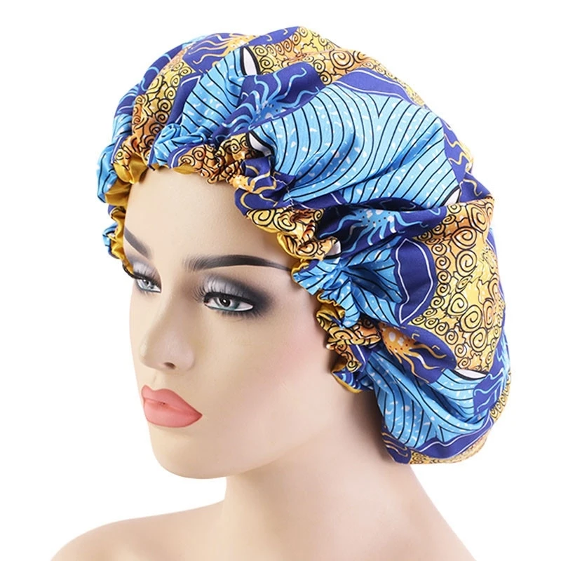 

1PCS 33cm Adjust Hair Styling Caps Print Large Sleep Fabric Bonnet Satin Lined Sleep Cap Night Hat Ladies Hair Styling Tool