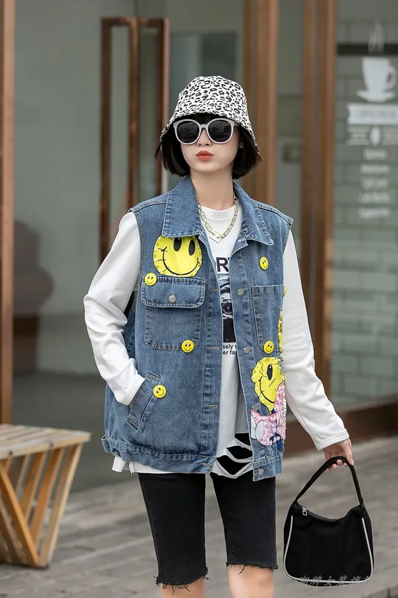 

Vefadisa 2021 Women Denim Vest Women Cartoon Printed Vest With Rhinestone Female Summer Sleeveless Coat ZQY020C