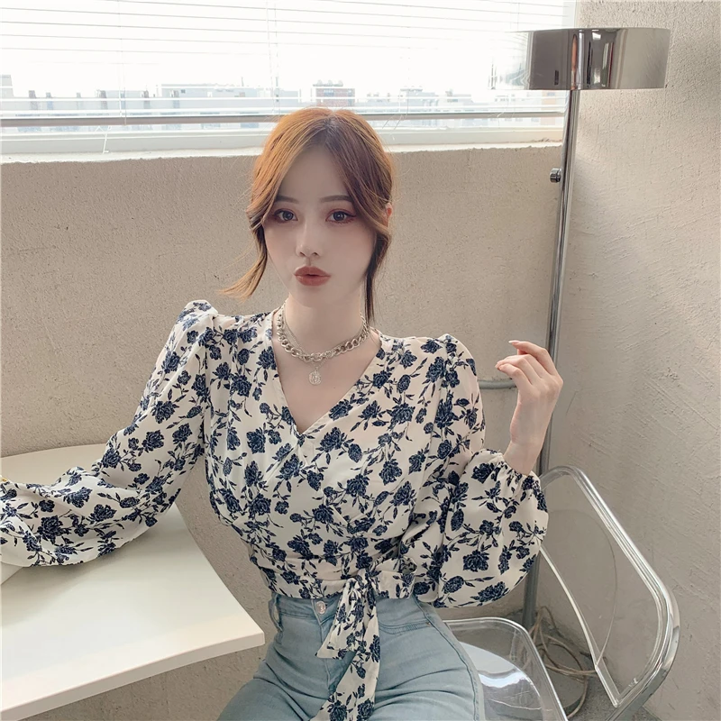 

ZAWAHIKI Bandage Blouses Women Tops V Neck Korean Long Sleeve Slim Retro Blusas Mujer Print Floral Short Elegant Shirts