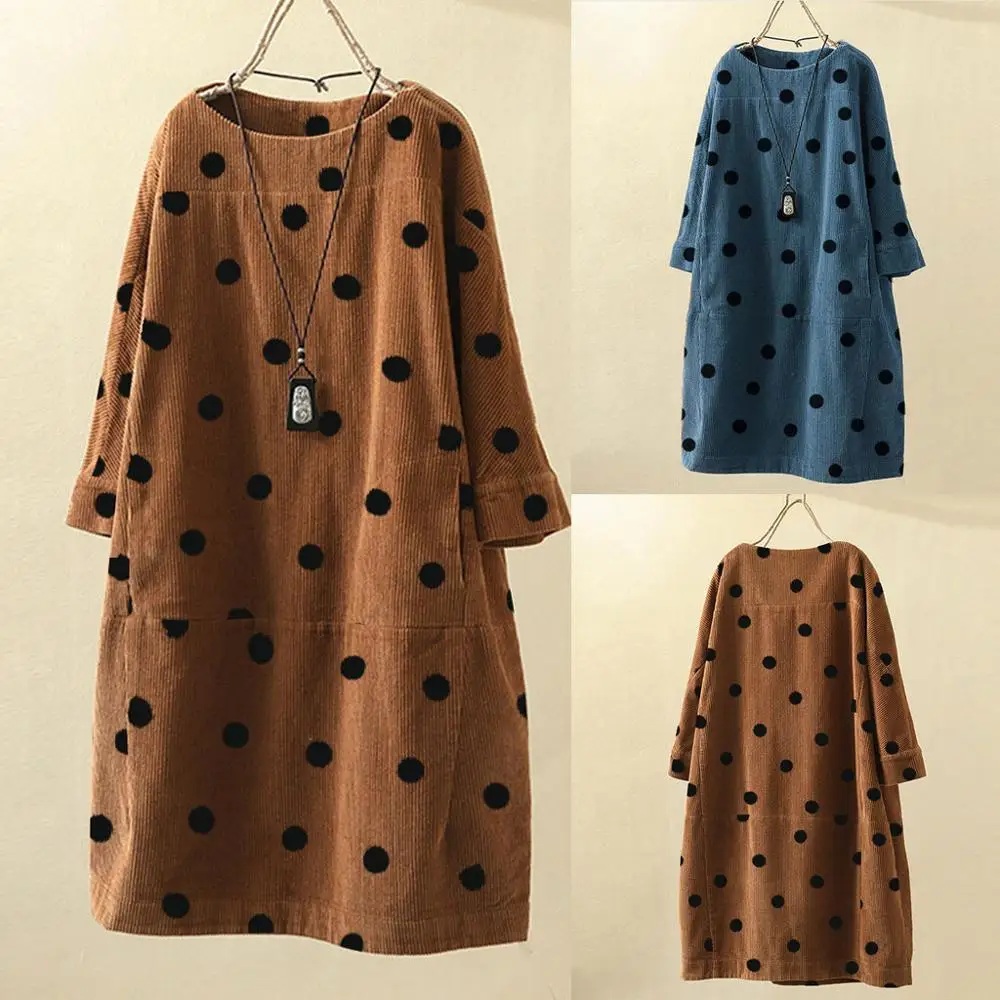 Женское вельветовое платье с круглым вырезом длинным рукавом и принтом в горошек