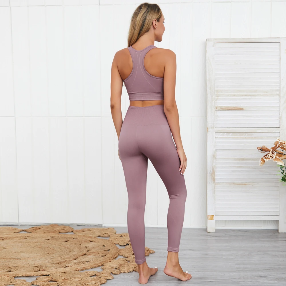 Sportswear Knitted Tracksuit Set Women Seamless Two Pieces Fitness Crop Top and Leggings Matching Workout Outfits | Спорт и