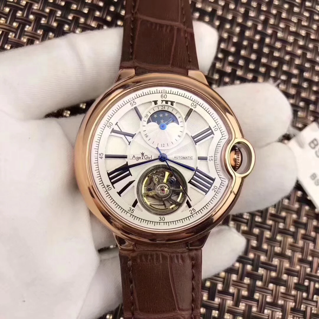 Brown Leather White Роскошные брендовые новые автоматические мужские механические часы синий черный кожаный розовое золото прозрачный MoonPhase часы Tourbillion Белый AAA - Цвет: Brown Leather White