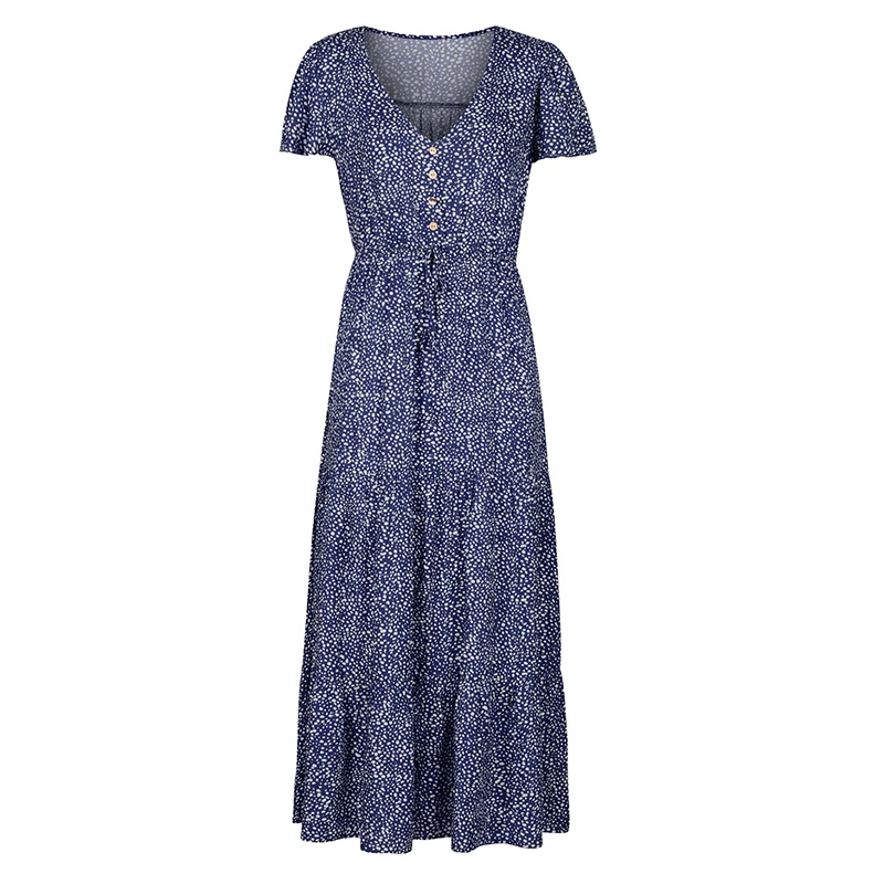 

Women Print Floral Short Sleeve Bohemian Dress Summer Casual High Waist V-neck Loose Sexy Holiday Beach Dress