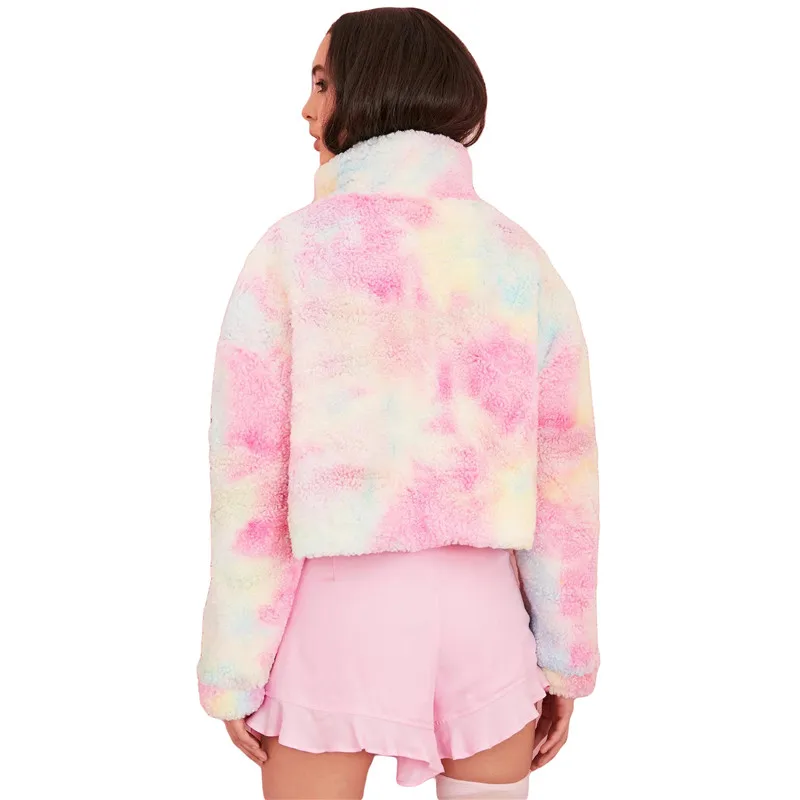 

Winter Coat Women 2020 Plush Teddy Coat Tie-Dye Zipper Faux Fur Coat Abrigos Mujer Invierno Femme Veste