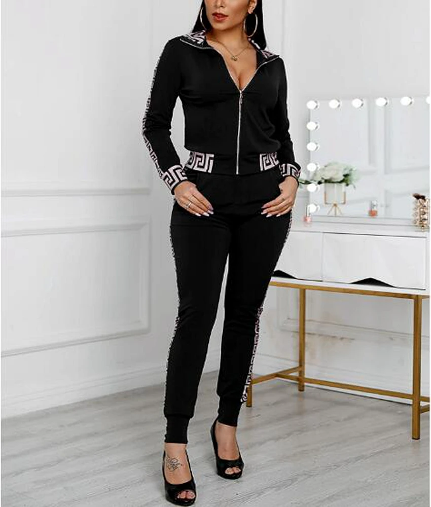 

Женский спортивный костюм из двух предметов, кофта на молнии и штаны, пуловер с принтом греческого Лада, большой размер 2XL, осень