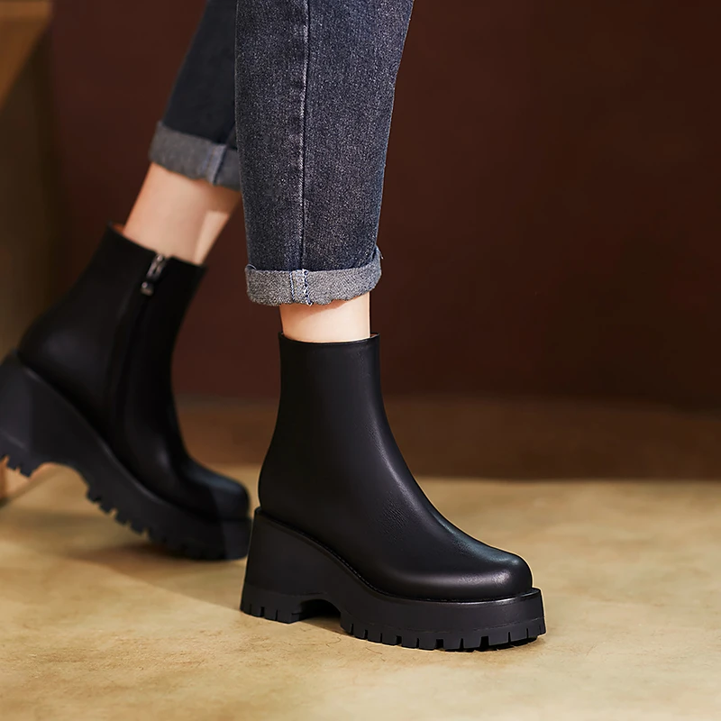 

FEDONAS Platforms Concise Women Ankle Boots High Quality Genuine Leather Office Lady Casual Side Zipper Thick Heels Shoes Woman