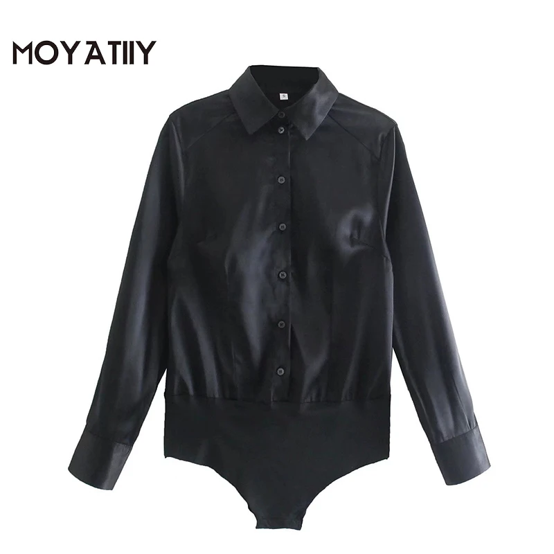 

MOYATIIY Women 2022 Fashion Black Bodysuits Vintage Soft Touch Office Ladies Playsuits Long Sleeve Female Mujer