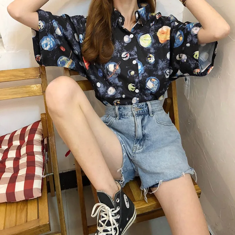 Рубашка женская в ретро стиле с принтом планеты блузка коротким рукавом и