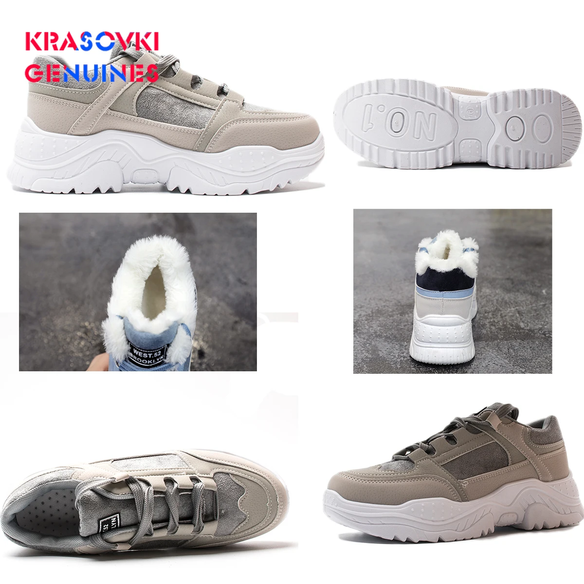 Krasovki Genuines/женские зимние кроссовки с круглым носком модные теплые плюшевые