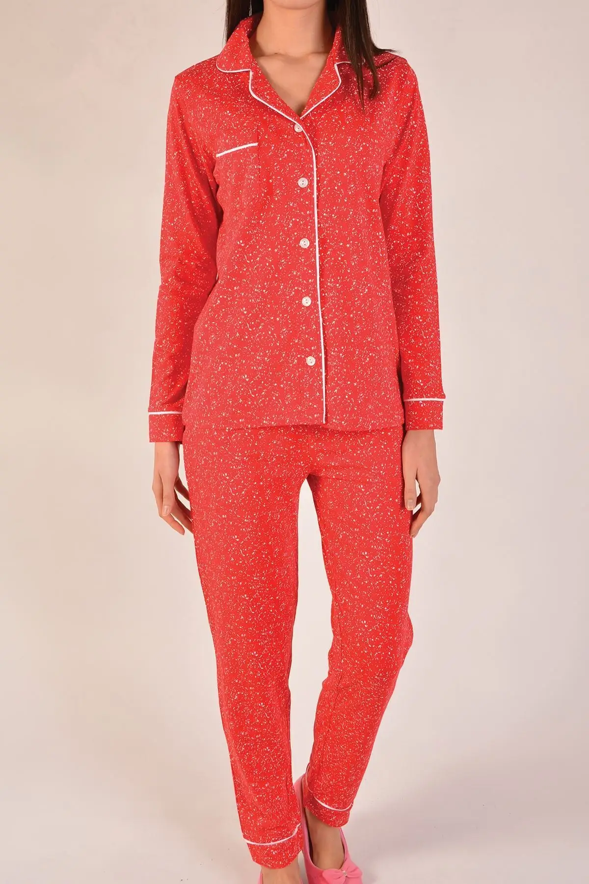 Red Women 'S Pajamas set Long Sleeve Buttoned Pockets 95 COTTON 5 of LYCRA Stylish Design Pleasant View Quality Trend cotton 2021 Fashion