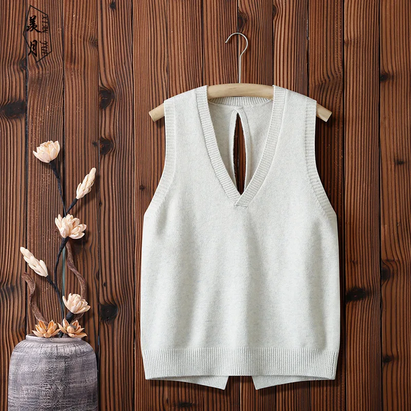 

2021 Spring Autumn V-Neck Knitted Vest Korean Style Solid Color Sleeveless Loose Lacing Pullover Women Sweater