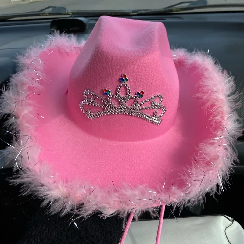 

Pink Tiara Western Style Cowgirl Hats for Women Girl Rolled Fedora Caps Feather Edge Beach Cowboy Hat Sequin Western Party Cap