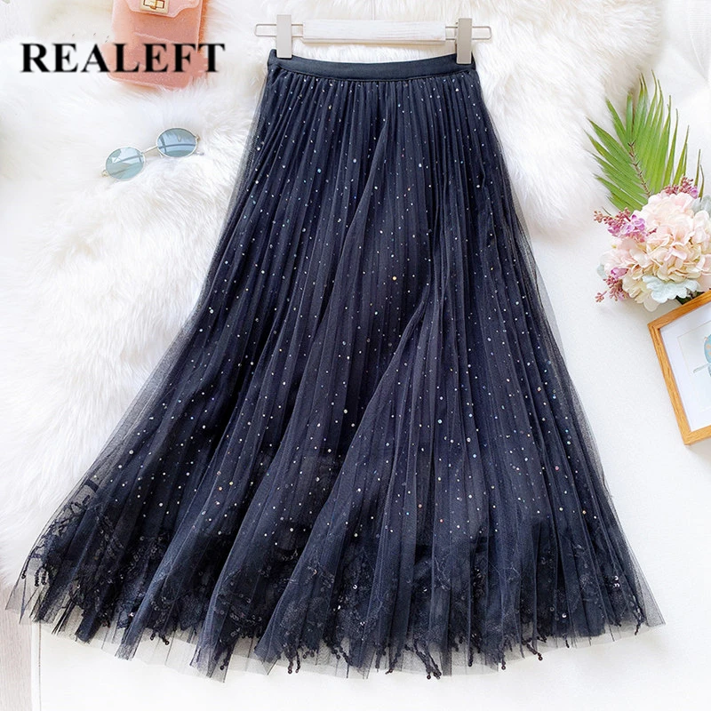 REALEFT 2020 новая весенне летняя блестящая сетчатая фатиновая юбка трапециевидной
