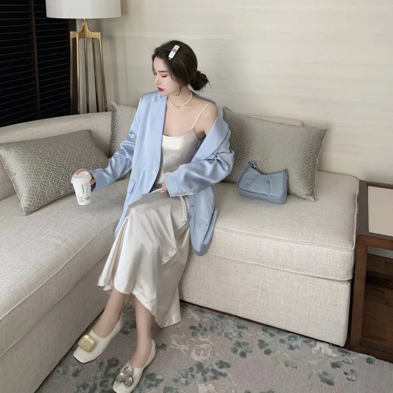 

Blazer Women Jacket Office Lady Acetate Satin Coats Blazer Ladies Tops 2021 Fashion Clothing Sky Blue Silk Loose Spring