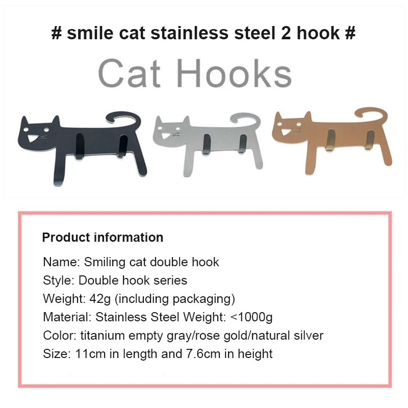 

Stainless Steel Cat Shape Double Hooks Bathroom Seamless Strong Adhesive Hooks Home Kitchen Door Wall Rear Hooks Accessories