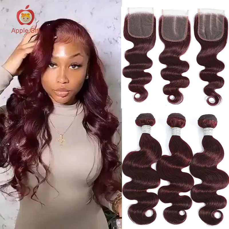 

99J Dark Red Wine Body Wave Bundles With Closure Brazilian Remy Human Hair Weave Bundles With Transparent Lace Closure Applegirl