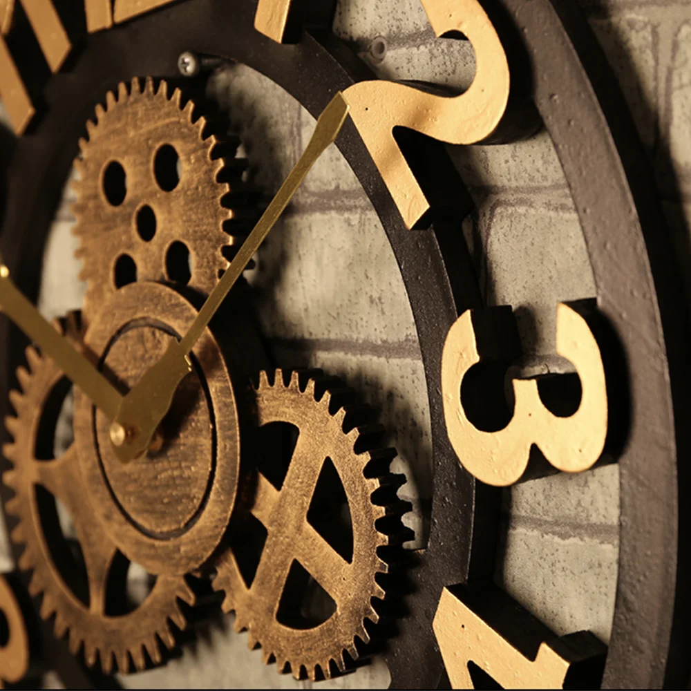 Gear Large Wall Clock Modern Design Clocks Quartz Time Mute Watch Wooden  Decor 3D Vintage Horloge Saat images - 6