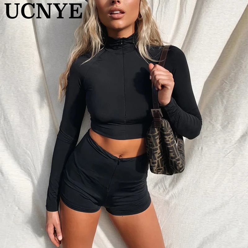 

Ucnye women two pieces set sexy suit black tight zipper top + short long sleeve V-neck exercise clothes women fashion dance