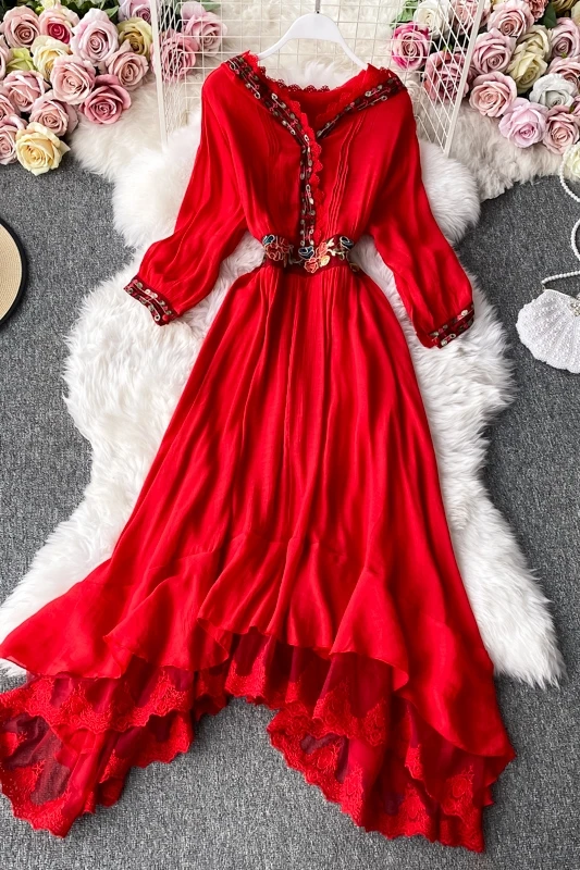 

New women's Bohemian fashion hooded red long dress 2021 spring half Sleeve ruffles beach style maxi dress big swing dress