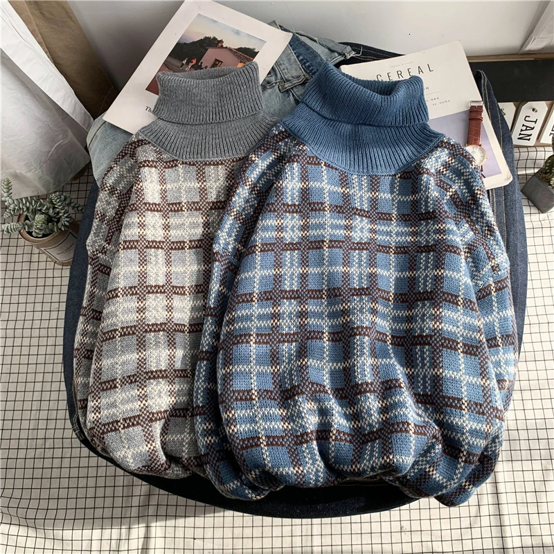 Winter Turtleneck Sweater Men's Warm Fashion Casual Retro Knit Pullover Men Streetwear Plaid Sweater Male Sweter Clothes