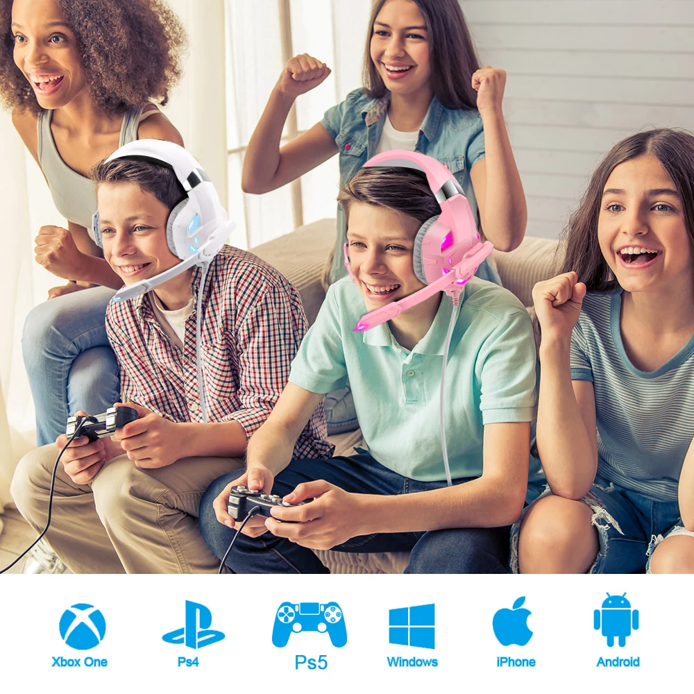 QearFun Розовые наушники с кошачьими ушками для девочек игровые микрофоном ПК PS4