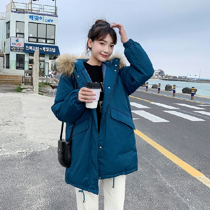 Winter New Down Dress Student's Long-style Large-collar Hat Korean Edition Loose And Thickened Bf Cotton-padded Coat | Женская