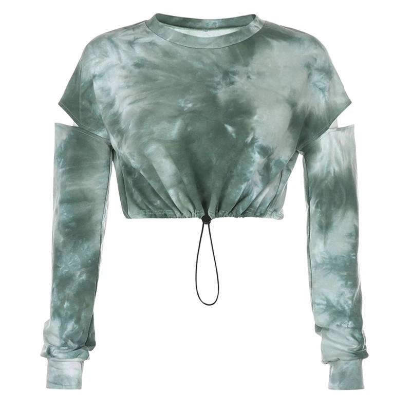 

Women Autumn Cut Out Long Sleeve Sweatshirt Round Neck Tie-Dye Printed Pullover Crop Top Harajuku Hip Hop Drawstring Hem Loose S