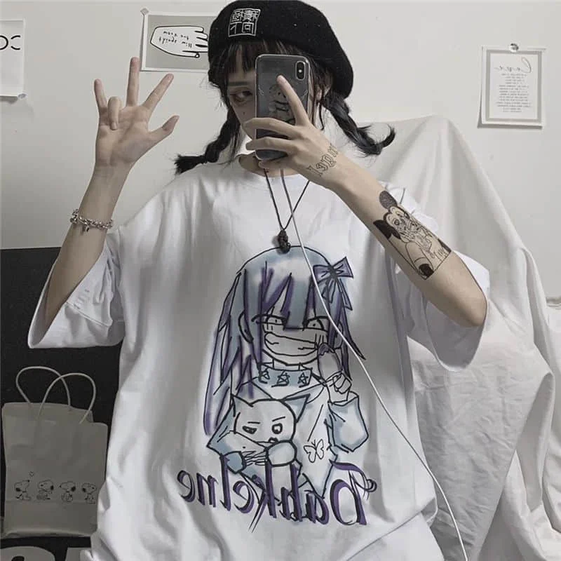

Women Casual Tshirt White Cartoon Funny Girl Printed Streetwear Female Tops Tee Short Sleeve Fashion T Shirt Hip Hop Clothes