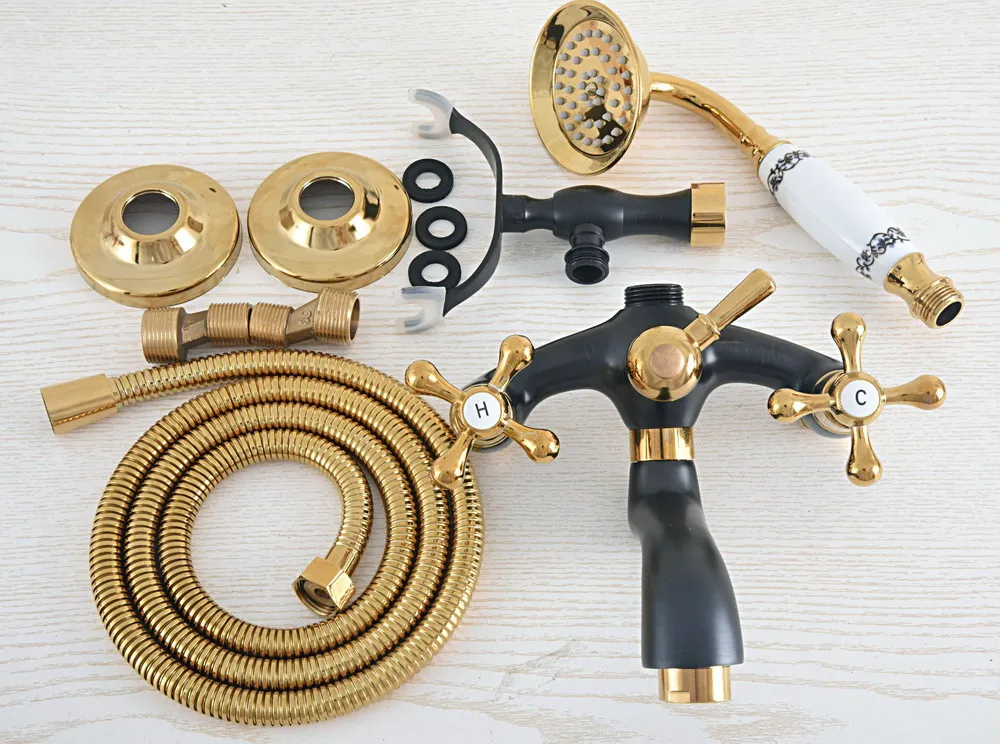 Латунный настенный смеситель для ванны черного и золотого цвета с двумя