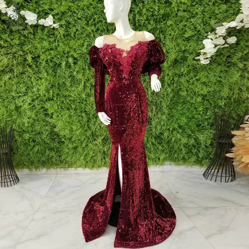 

Женское вечернее платье с блестками Aso Ebi, Бордовое платье с разрезом и длинными рукавами, официальное платье в арабском стиле для выпускног...