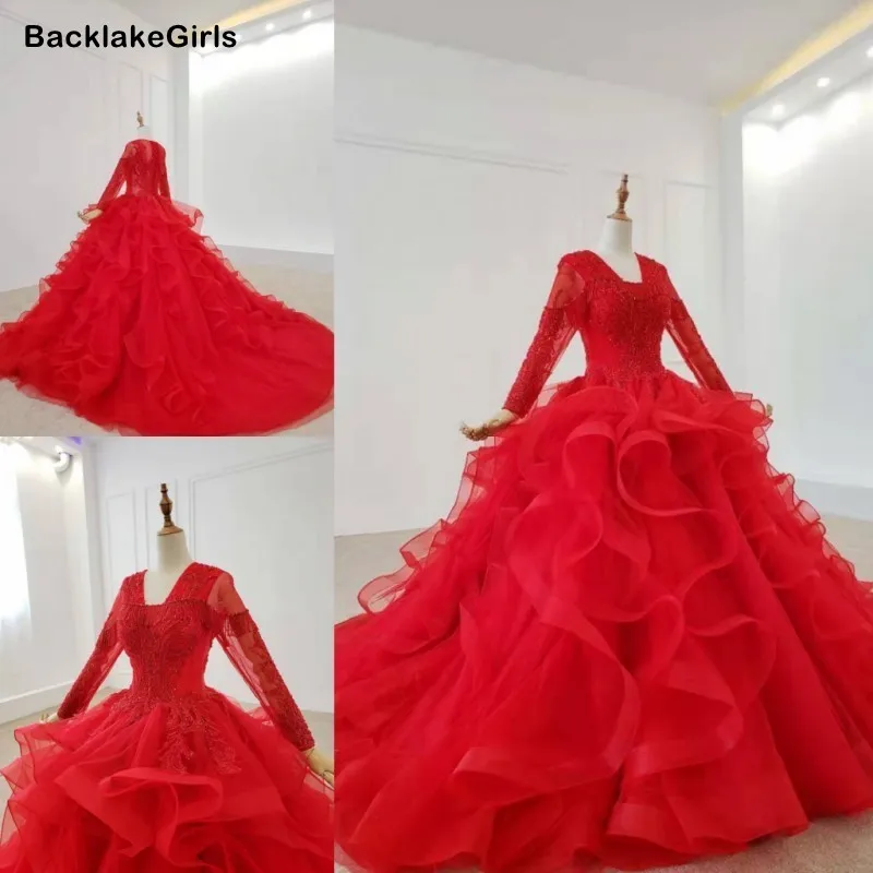 Красное Бальное Платье с v-образным вырезом длинным рукавом и бусинами