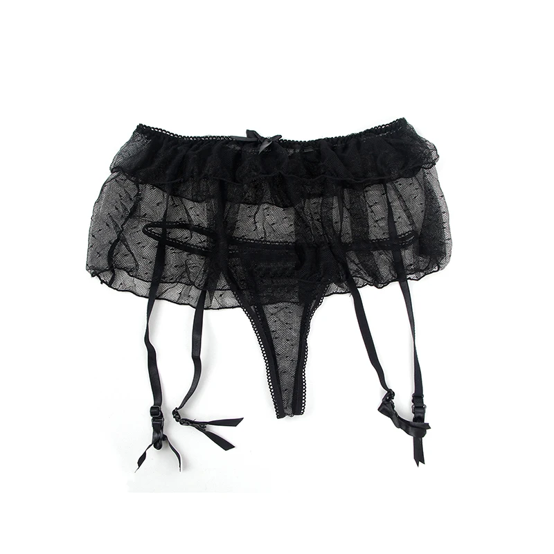 Стринги черного цвета кружевное нижнее белье размера плюс подвязка эротическая