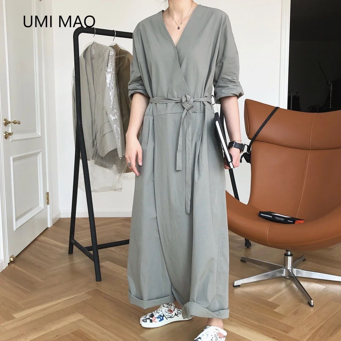 

UMI MAO Summer New Style Japanese Designer Style V-neck Jumpsuit High Waist Wide-leg Tie Wide Loose Thin Casual Trousers Women