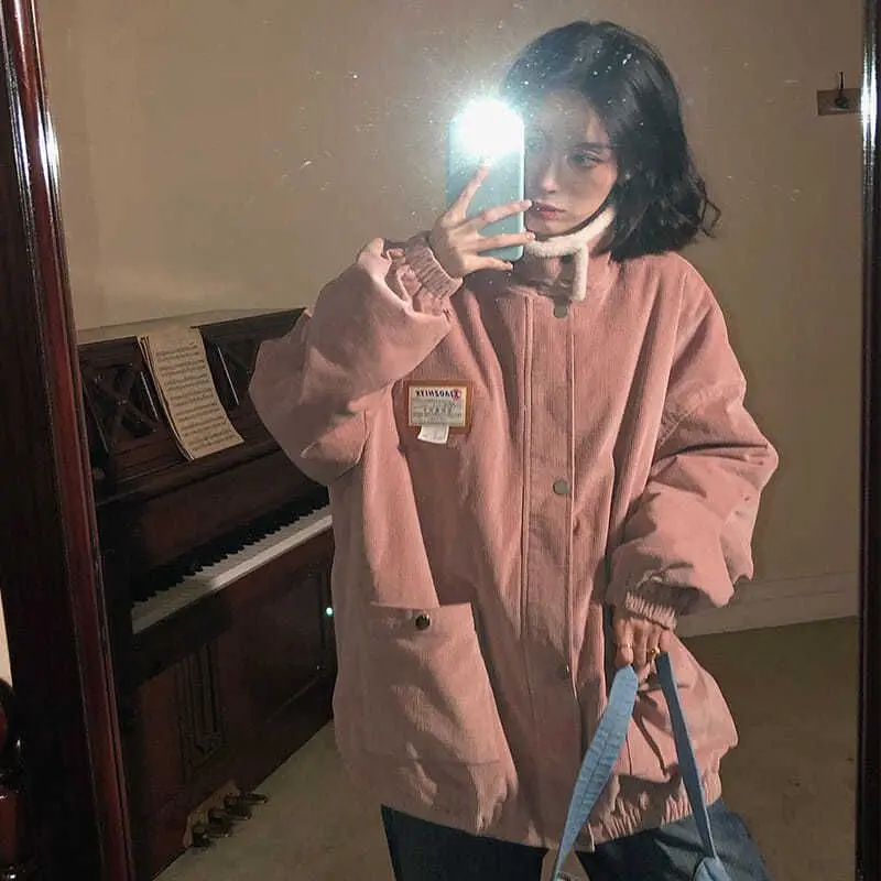 

Corduroy Pink Jacket Elegant Women 2022 Autumn Winter New Korean Loose All-match Vintage Plus Velvet Thick Cotton-padded Coats