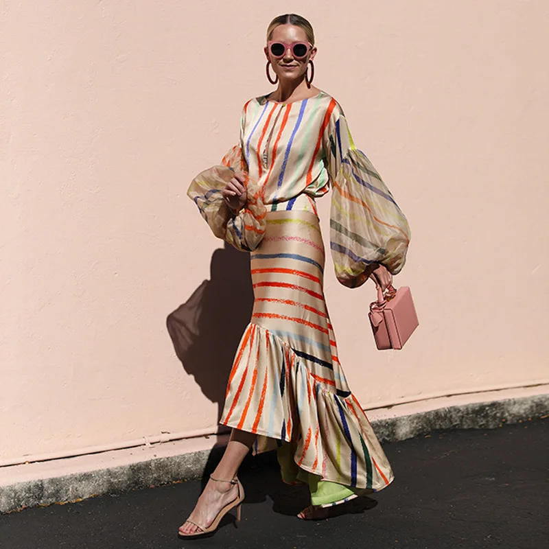 

2 Piece Set Rainbow Stripe Printed Dress Slim 2020 Spring Sexy Cut Out Ruffles O-Neck Dresses Women Party Office Midi Vestidos