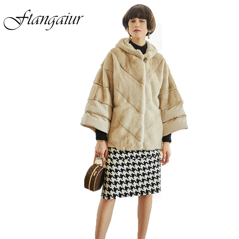 

Ftangaiur New Winter Import Swan Velvet Mink Fur Coat Women With Fur Hood Nine Quarter Sleeve Loss Natural Real Mink Fur Coats