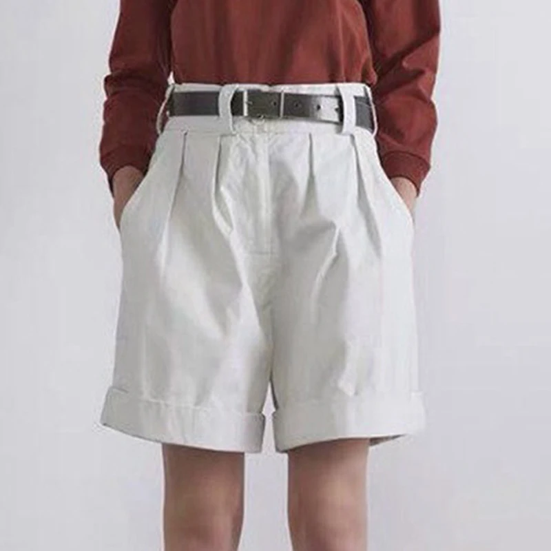 

Femme Short Wild High Waist A Line Loose Casual Solid Shorts Bottons Pocket Elegant Chic Retro Women Short women Office lady
