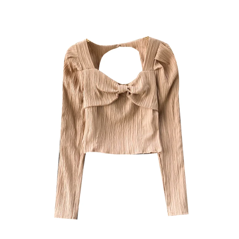 

Women Sexy Hollow Backless Blouse French Sweet Bow Long Sleeve Solid Slim Tops Autumn Fashion Streetwear Short Blouses