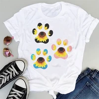 women cartoon watercolor paw pet dog cute fashion print graphic summer short sleeve female clothes tops tees tshirt t shirt