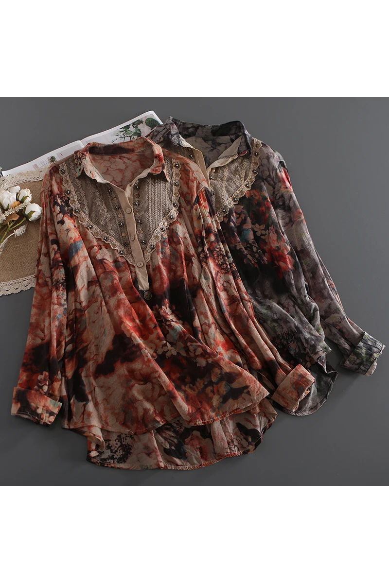

2021 new summer light thin silk hemp printed shirt women's top shirt Unique Rivet Spliced Artsy Clothes Long Sleeve Top Female